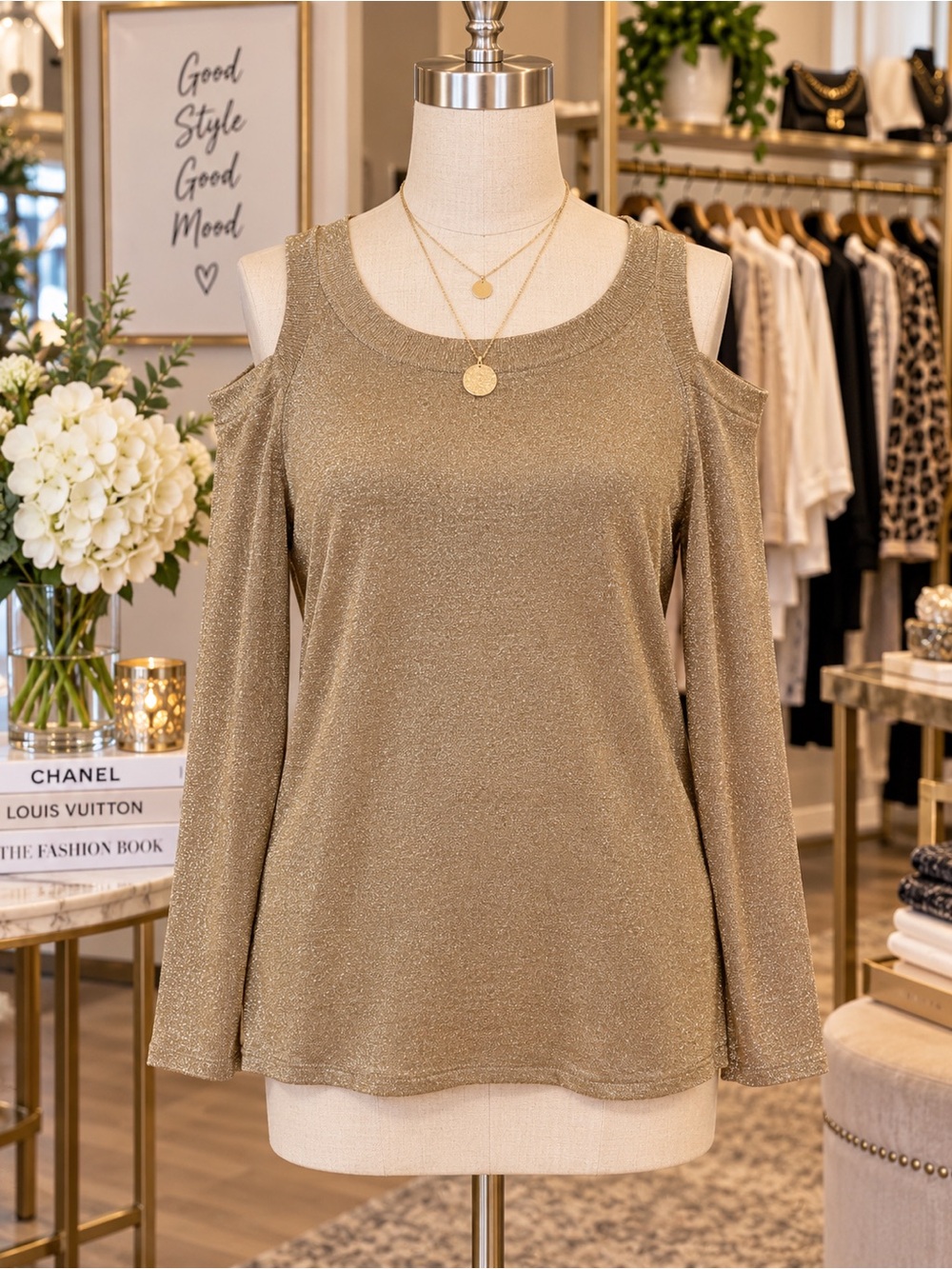 Revolution Gold Cold-Shoulder Sparkle Long Sleeve Top NWT